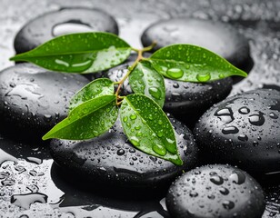 Zen Stones with Fresh Leaves.