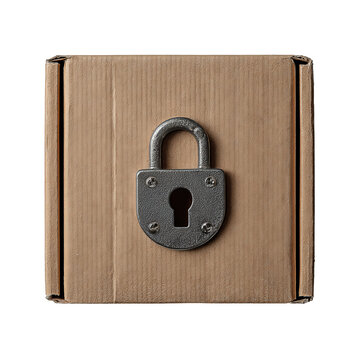 Secure delivery concept featuring kraft box with lock icon emblem, fine corrugation texture and neat taped seam, symbolizing protection and safety, isolated on transparent background.
