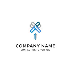 Obraz premium Abstract logo with an upward arrow and intertwined geometric shapes, representing growth and connection.
