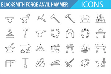 Icon Set for Metalworking – Blacksmith Forge, Hammer, Anvil, and Horseshoe