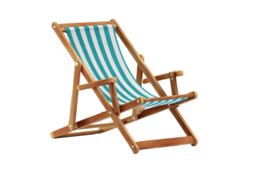 Classic folding beach chair with teal-and-white striped fabric and weathered wooden frame, brass hardware details add charm, isolated on transparent background.
