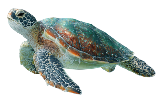 Green sea turtle swimming upward at an angle, detailed mottled shell and defined flipper scutes, soft specular highlights along the carapace, isolated on transparent background.
