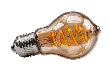 Vintage-style glass bulb with glowing amber filament and textured nickel socket, skewed dynamically for depth and realism, isolated on transparent background.
