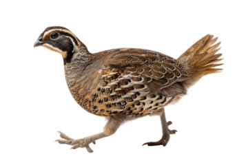 A Northern Bobwhite Quail, a small game bird with intricate brown, black, and white plumage, walks gracefully on a transparent background. background removed