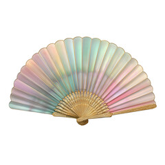 Pastel rainbow folding fan with scalloped shell form and gilded hinge detail, opened in graceful arc with subtle perspective, isolated on transparent background.
