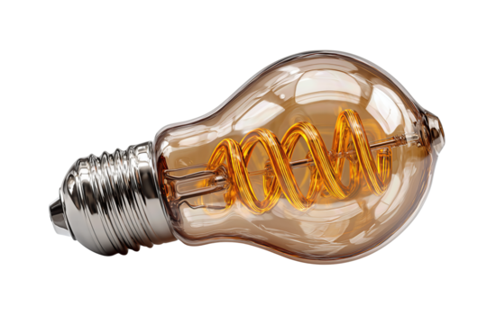 Vintage-style glass bulb with glowing amber filament and textured nickel socket, skewed dynamically for depth and realism, isolated on transparent background.
