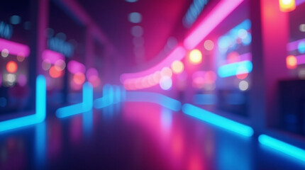 Blur color flare. Neon glow background. Bokeh radiance reflection. Defocused fluorescent blue pink light gleam on dark abstract overlay.