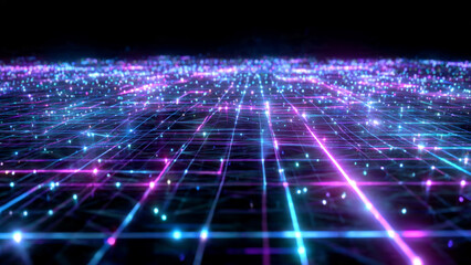 Obraz premium Abstract glowing digital network grid with neon lights in perspective
