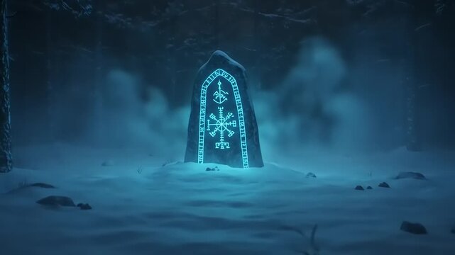 Glowing Rune Stone in Enchanted Winter Forest