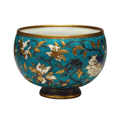 Elegant turquoise enamel teacup decorated with cloisonn&eacute; floral patterns and golden edge, smooth ivory inner glaze highlighting its craftsmanship, isolated on transparent background.
