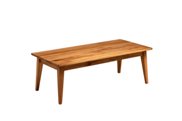 Low teak display table with chamfered legs and dovetail joinery, satin oil finish accentuating fine wood grain, minimalist craftsmanship aesthetic, isolated on transparent background.
