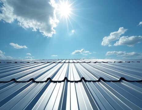 Metal roof tiles reflect bright sun under blue sky with clouds. Modern building exterior surface with geometric pattern shines. Reflective material covers house.