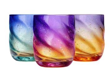 Set of three tumbler glasses with swirling neon gradients in cobalt-magenta, amber-rose, and mint-violet, arranged diagonally with fine condensation and etched bases, isolated on transparent backgroun