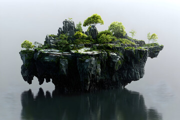 Enchanting fantasy island with lush greenery and rocky cliffs