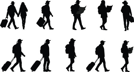 Travelers walking, airport silhouettes, tourists with luggage, people in transit, travel concept, journey, vacation, tourism, backpackers, adventure, exploration, global movem