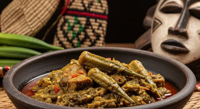 Mucilagem: Glossy Okra Stew with Kikongo Seed Pouch and Chokwe Mask Fragment in Humid Light