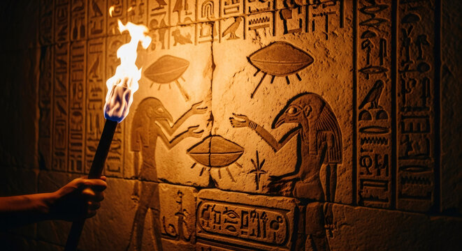 Hand holding a torch illuminating ancient Egyptian hieroglyphs with UFO-like carvings. Mystery and historical discovery concept for exploration.