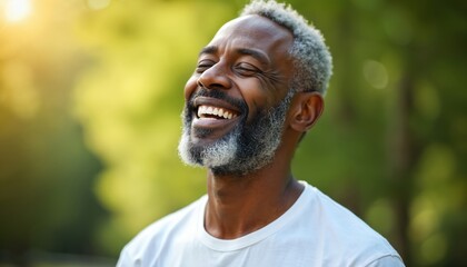 Happy mature man with grey hair, beard smiling outdoors in natural green environment on sunny day. Smiling elderly male person in white t-shirt enjoying life. Positive vibes, relaxation in beautiful