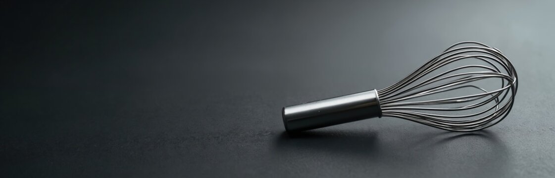 Modern clean shiny stainless steel whisk rests on dark grey background. Essential kitchen utensil perfect for baking, cooking, food preparation at home daily. Tool for beating eggs, mixing cream,