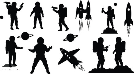 Astronaut silhouette, space gun, rocket launch, planet icon, sci-fi vector, space combat, galaxy theme, cosmic art, orbit scene, futuristic design