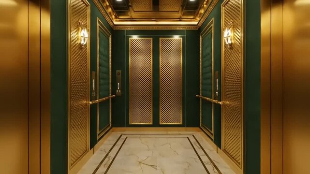 Elegant Elevator Interior Design with Gold and Green Accents.