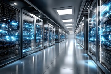 Modern server room with glowing digital data flow