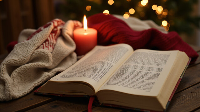 Gem&uuml;tliche Lesestunde mit offenem Buch und Kerzenschein
