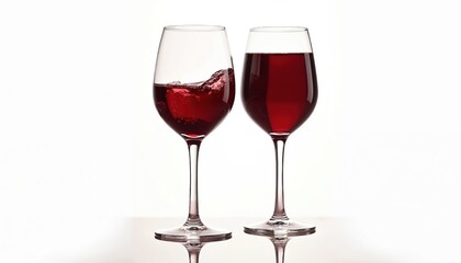 Two wine glasses with red wine on white background. One glass is full others is half full. Wine glasses stand on reflective surface. Red wine is in stemware glasses. Luxury wine glasses are isolated.