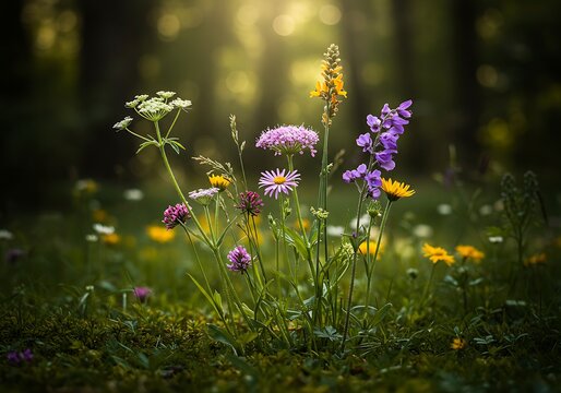 A vibrant patch of colorful wildflowers blooming in a sun-dappled forest clearing, bathed in soft golden light.