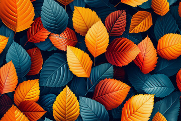 Vibrant seamless pattern of colorful autumn leaves on dark background
