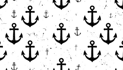 A seamless pattern of nautical anchors in varying sizes, rendered in black against a textured white background with specks