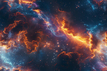 Vivid cosmic seamless pattern showcasing swirling colors and stars