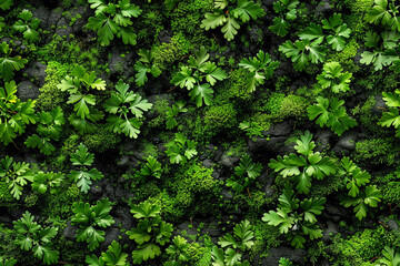 Vibrant green seamless pattern of leaves and moss on dark surface