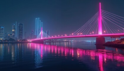 Naklejka premium Modern cable-stayed bridge lit with bright pink neon glow crosses calm bay at night. City skyline with blue lit skyscrapers reflects on water surface. Futuristic urban landscape.