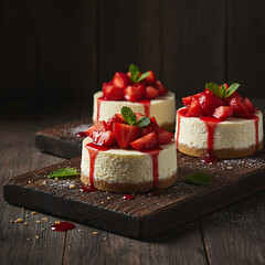 Three delicious cheesecake slices topped with fresh strawberries on a dark wooden board, rustic style dessert photography