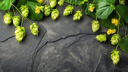 Fresh green hops on a dark stone surface. Ideal for craft beer and brewery themes. Natural ingredients for brewing.