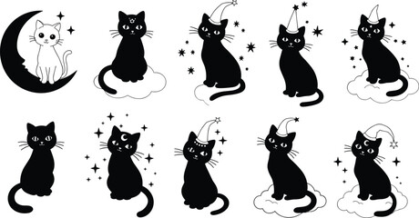 Black cat illustrations, whimsical cartoon style, crescent moon, stars, party hats, wizard hats, cute feline clipart, magical animal design, Halloween theme