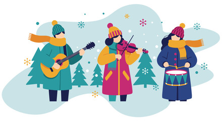 Diverse Trio of Musicians Playing Instruments in Winter Snow
