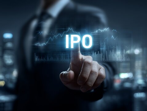 スーツ姿の日本人ビジネスマンがIPOのホログラムをタッチする未来的なイメージ - Powered by Adobe