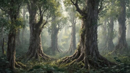 Fototapeta premium A serene forest scene; tall, aged trees with exposed roots and dappled sunlight
