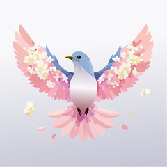 A beautiful blue bird with delicate pink and white cherry blossom petals adorning its outstretched wings, symbolizing spring, freedom, and the beauty of nature in flight