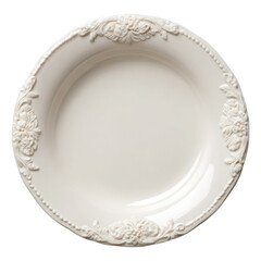 Elegant off-white ceramic plate featuring ornate floral and scroll embossed rim with subtle beaded details. Ideal for vintage or classic table settings. background removed