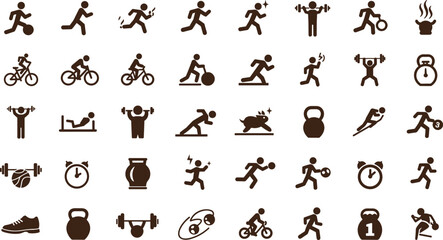 Fitness and sports activity icon set, workout and gym exercise symbols, running, cycling, weightlifting, health training, physical fitness vector design