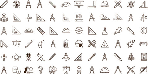 Mathematics, geometry, education, algebra, school tools, study icons, ruler, compass, protractor, measurement, science, academic, learning, vector illustration, drawing tools, equations.