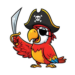 A lively cartoon vector illustration of a parrot pirate wearing an eyepatch, hat with skull symbol, and holding a tiny sword.