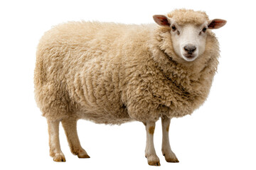 A fluffy domestic sheep with thick, light brown wool stands facing forward against a plain transparent background, showcasing its gentle gaze. background removed