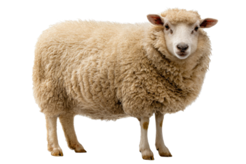 A fluffy domestic sheep with thick, light brown wool stands facing forward against a plain transparent background, showcasing its gentle gaze. background removed