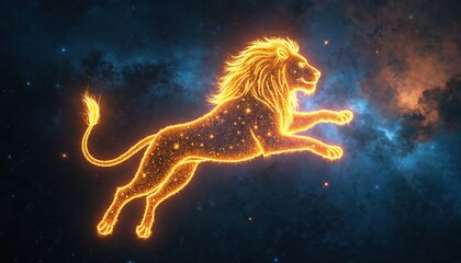 Glowing lion constellation made of stars in deep space with colorful nebulae. Celestial Leo animal figure shines bright against dark cosmic background with distant stars. Astronomy art.