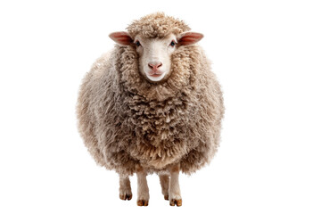 Fototapeta premium A fluffy, light brown sheep with dense wool stands full-bodied, isolated on a transparent background, looking directly at the viewer. background removed