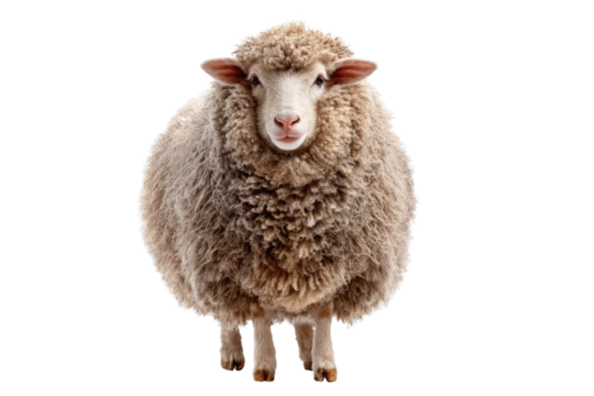 A fluffy, light brown sheep with dense wool stands full-bodied, isolated on a transparent background, looking directly at the viewer. background removed